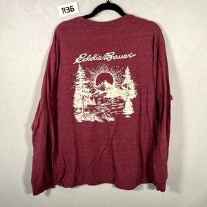 Eddie Bauer Shirt Mens XL Red Graphic Mountain Nature Hike Long Sleeve Pullover